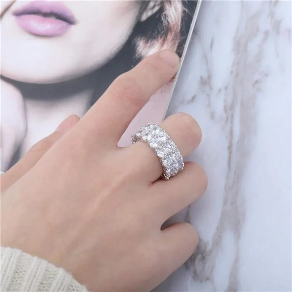 👉 9mm 2Rows Round Cut 14K Silver Plated Iced Out Lab Diamond Bands Ring
